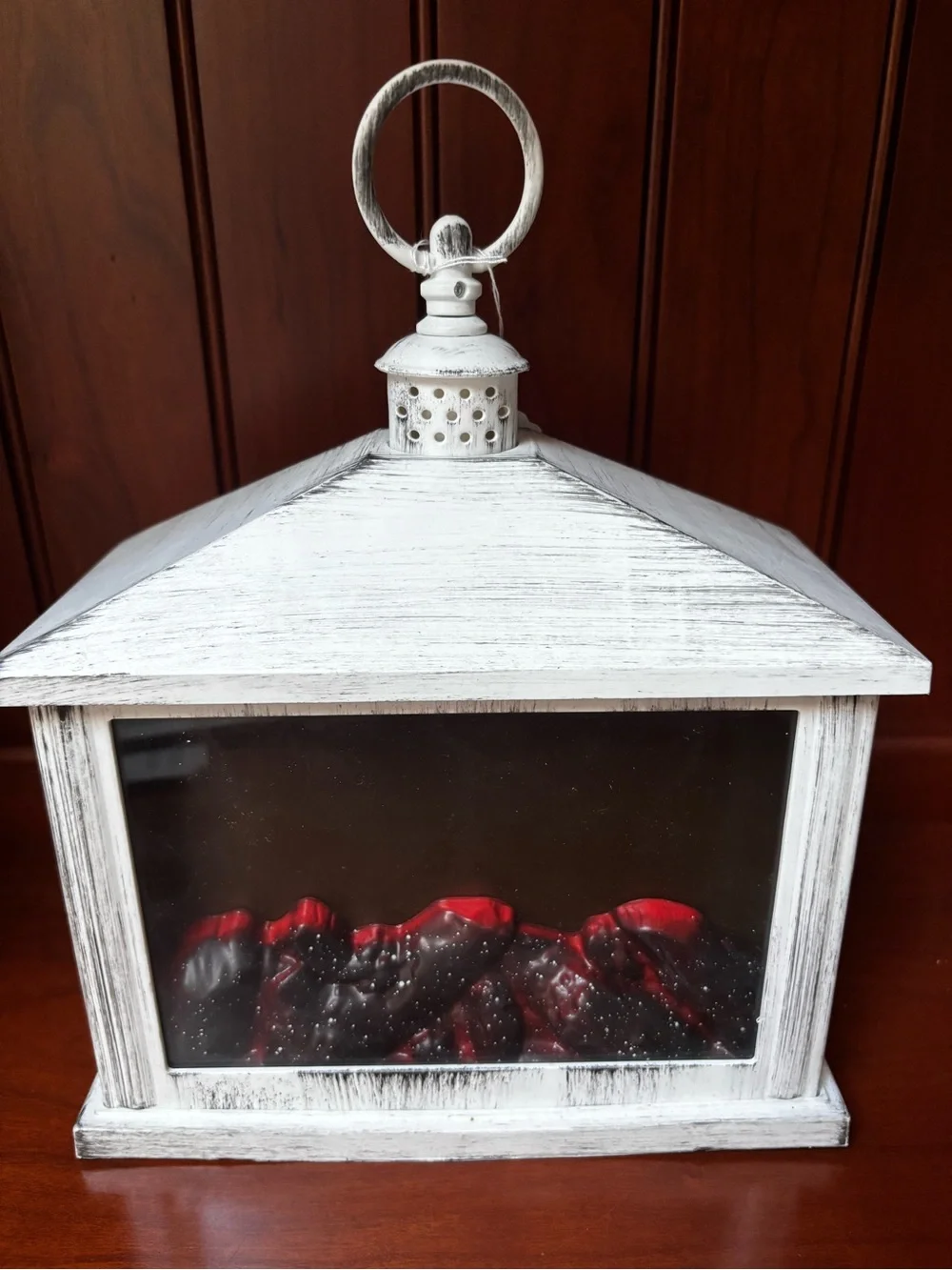 A Cheerful Giver Flameless White Fireplace Lantern distressed white finish .